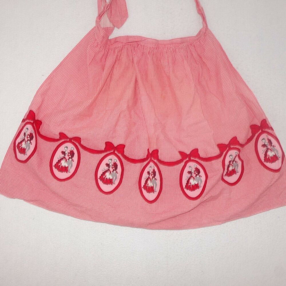 Vintage Embroidered Red White Gingham Half Skirt Apron Plaid